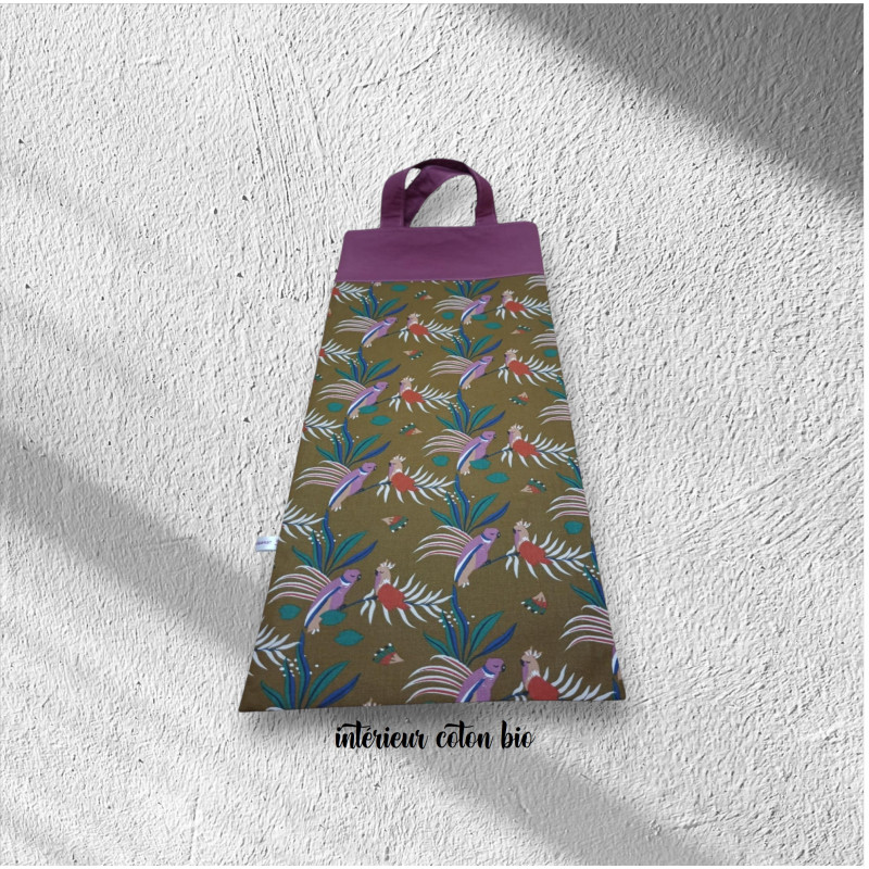 Sac à pain, à baguettes motif perroquets fond bronze