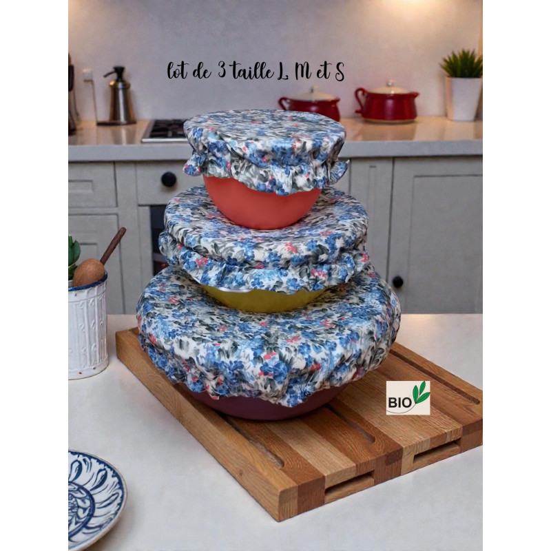 3 Charlottes couvre plat coton bio fleuri bleu