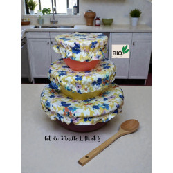 3 Charlottes couvre plat coton bio fleuri jaune