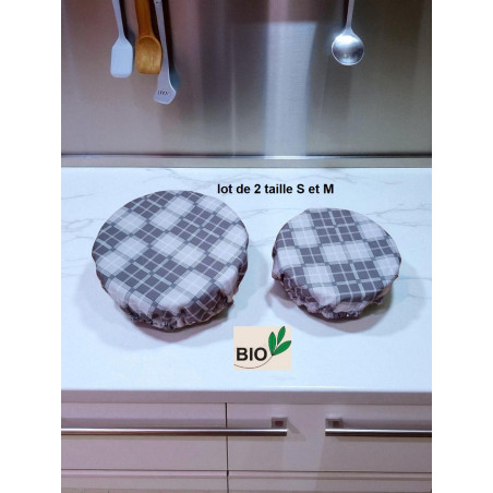 lot de 2 charlottes alimentaires coton bio doublé PUL certifié contact alimentaire modèle carreaux gris