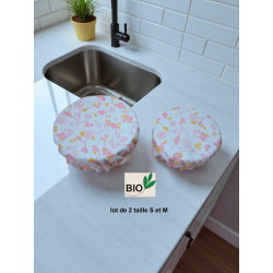 Lot de 2 charlottes alimentaires coton bio doublé PUL certifié contact alimentaire modèle fleuri fond blanc