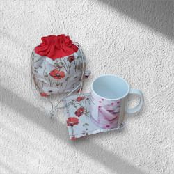 Pochette de transport pour mug et son sous mug, modèle coquelicots 