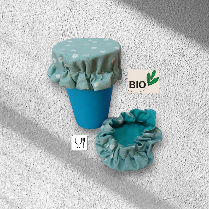 Charlotte couvre verre coton bio, modèle fleuri fond vert