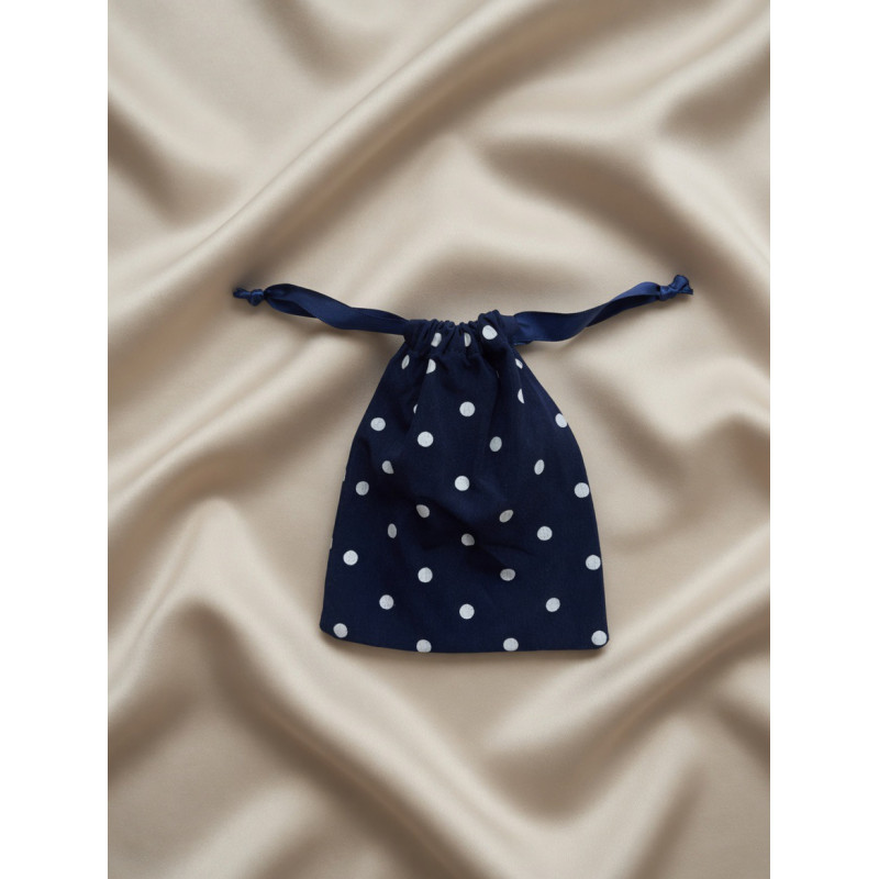 Petite pochette upcyclée bleu nuit à pois blancs 