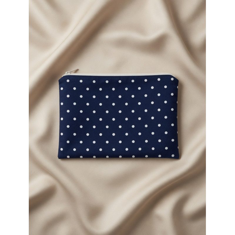 Pochette upcyclée bleu nuit à pois blancs