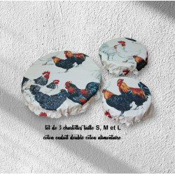 lot de 3 charlottes alimentaires coton enduit doublé coton alimentaire modèle poules et coqs