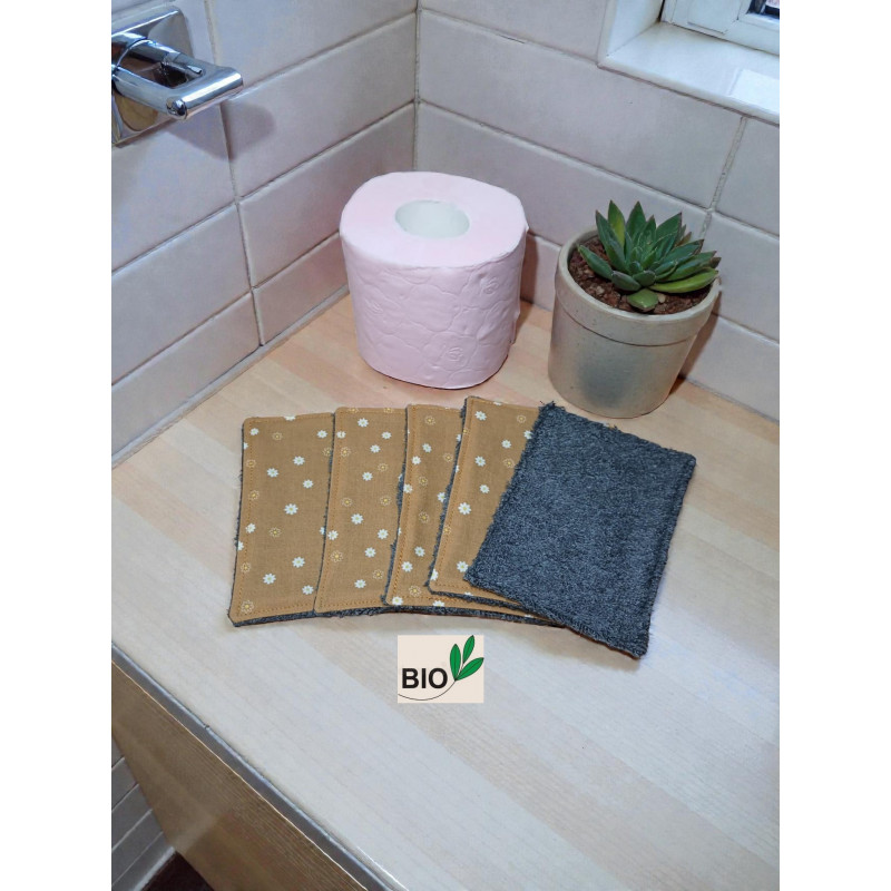 5 feuilles de papier toilette BIO lavables, réutilisables, coton doublé éponge bambou, papier hygiénique
